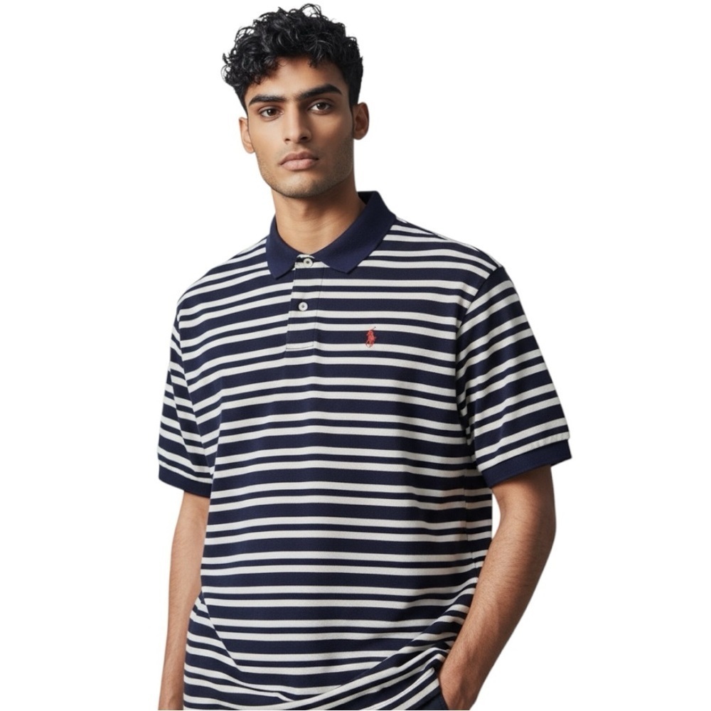 Ralph Lauren Men's Navy and White Striped Polo Shirt Size XL